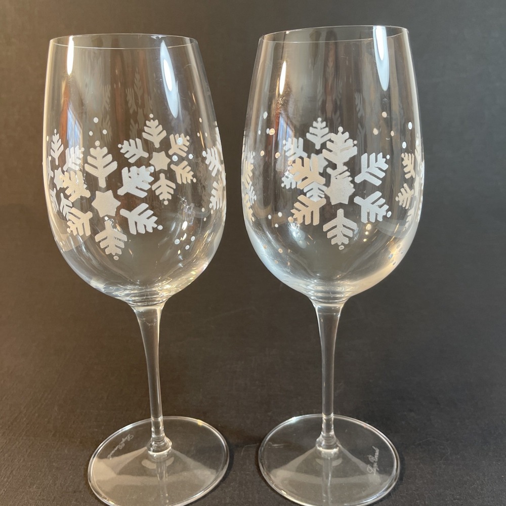 Set 2 LUIGI BORMIOLI Signed Hand Painted Snowflake Red Wine Goblets 9.5"‎ RARE